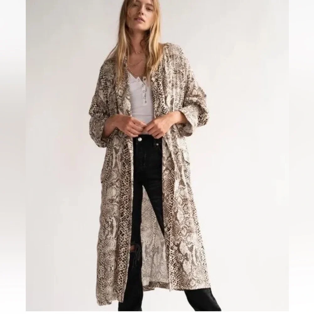 Free‎ People Wild Nights Snake Print Kimono Duster Brown Size S